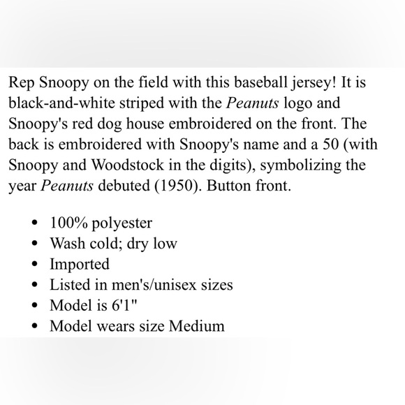 Peanuts “Snoopy and Woodstock” Baseball Jersey - Picture 4 of 4